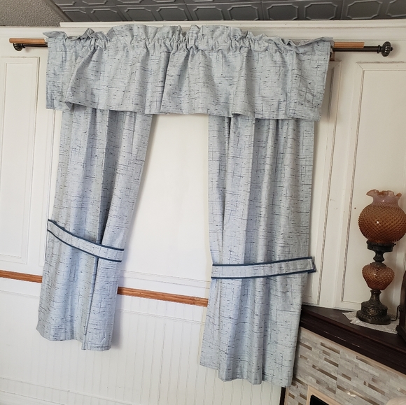 Sears Drapes 48W x 62L Tweed Print Pinch Pleat Curtains Blue VTG 50s 60s NEW - Picture 3 of 16